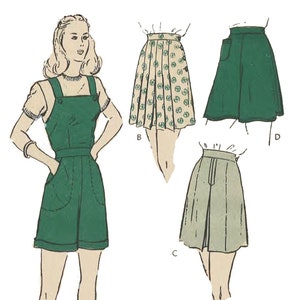 May include: A vintage sewing pattern illustration featuring four different styles of skirts and shorts. The illustration shows a woman wearing a green overall shorts outfit, a pleated skirt with a floral print, a green skirt, and a beige skirt.