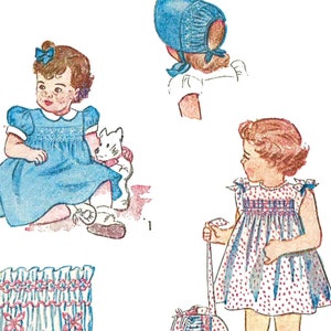 以下が含まれることがあります： 2人の女の子がスモックドレスを着ているヴィンテージイラスト。左側の女の子は青いドレスを着て、白いぬいぐるみを持っています。右側の女の子は赤と白のドット柄のドレスを着て、赤と白のドット柄の帽子を持っています。イラストには、ドレスのスモッキングのディテールがクローズアップされています。