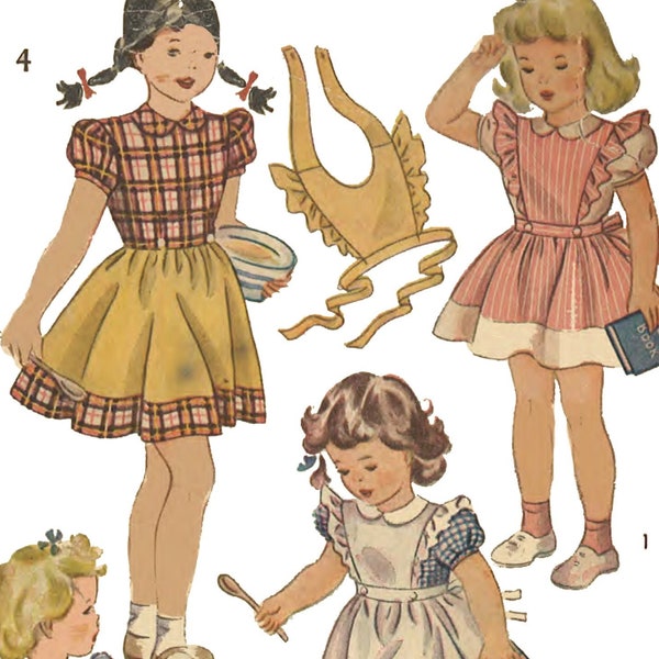 PDF - Vintage 1940's Sewing Pattern, Girl's Alice in Wonderland Style Dress Dress & Bib Set - Chest: 23" (58.4cm) - Download