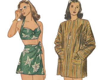 Vintage 1940's Sewing Pattern: Bathing Suit, Sarong, Beach Coat & Halter Neck Bra - Bust 30" (76.2cm)