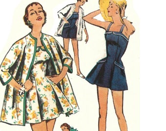 PDF - 1950's Sewing Pattern: Skirted Bathing Suit and Beach Coat - Bust 38” (96.5cm) - Instantly Print at Home