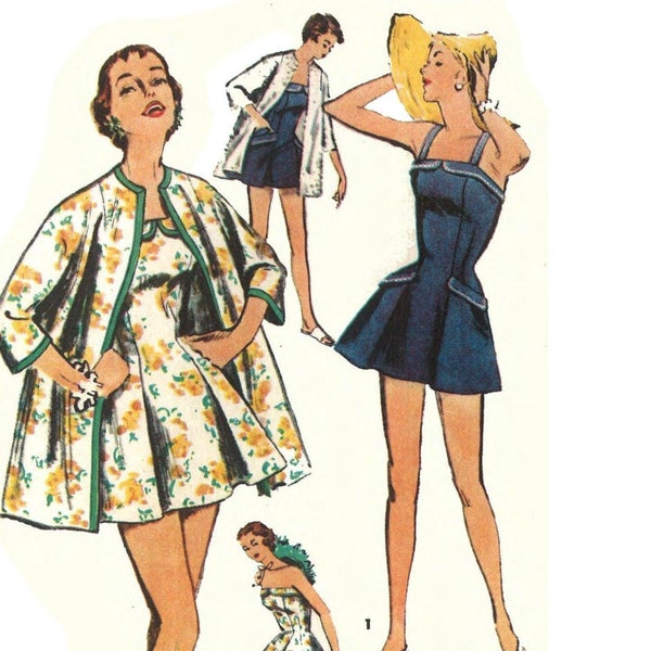 PDF - 1950's Sewing Pattern: Skirted Bathing Suit and Beach Coat - Bust 38” (96.5cm) - Instantly Print at Home
