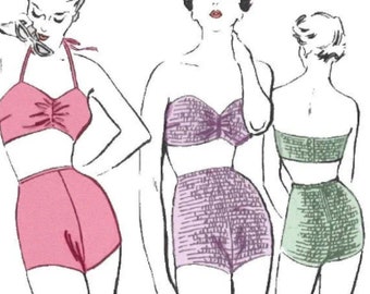 Vintage 1950s Sewing Pattern - Halter Neck Bathing Suit, Strapless Pin Up - Bust: 36" (91cm)