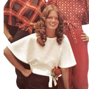 May include: Three women in vintage outfits. One is wearing a red and black plaid top, another a red dress with a diamond pattern, and the third a white top with a bow and flower detail. The image has a retro aesthetic.