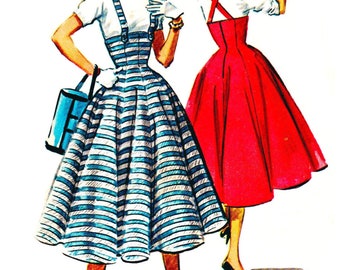 PDF - Vintage 1950s Sewing Pattern, One-pattern-piece Skirt & Suspenders - Waist: 28” (71cm) - Download