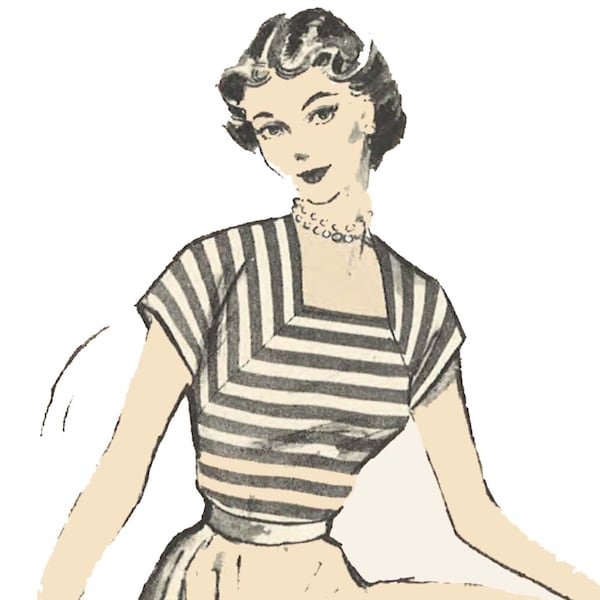 PDF - 1950's Sewing Pattern:  Square Neck Blouse Top - Bust 34" (86.4cm) - Instantly Print at Home