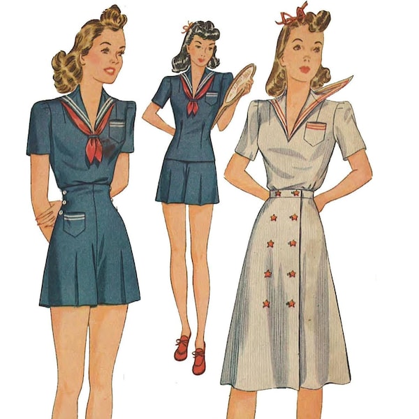 PDF - Vintage 1940's Sewing Pattern: Sailor Playsuit, with High Waist Shorts - Bust 28” (71.2cm)  - Instantly Print at Home