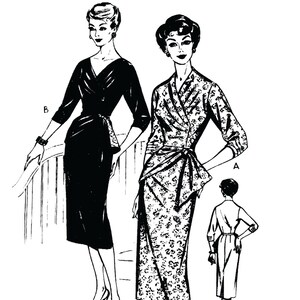 May include: A vintage sewing pattern illustration featuring two women wearing different styles of dresses. The dress on the left is a simple black dress with a wrap-style neckline. The dress on the right is a patterned dress with a wrap-style neckline and a bow at the waist. The pattern is labeled "A" and "B".