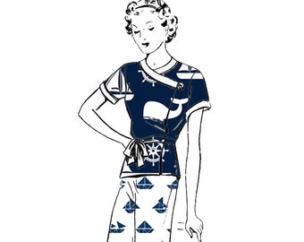 PDF - 1930's Sewing Pattern Pyjamas/Beachwear Wide Leg Trousers Top - Bust: 36” / 91cm - Instantly Print at Home