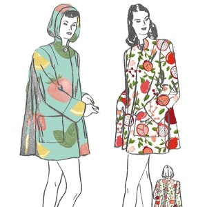 Könnte beinhalten: Zwei Illustrationen von Frauen, die verschiedene Jacken mit Fruchtmuster tragen. Die Jacke links ist eine Kapuzenjacke mit einem Zitronen- und Erdbeermuster. Die Jacke rechts ist eine langärmelige Jacke mit einem Granatapfelmuster. Beide Jacken haben einen grünen Hintergrund.