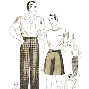以下が含まれることがあります： 男性の服のパターンのヴィンテージイラスト。イラストは、異なるスタイルのパンツとショートパンツを着用した3人の男性を描いています。パンツは格子柄で、ショートパンツは無地です。イラストにはAとBの文字が付けられています。