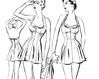 PDF - Vintage 1950s Sewing Pattern, Halter Neck Bathing Suit- Bust: 36” (91.5cm) - Download