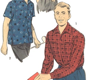 PDF - Vintage 1950's Sewing Pattern Men's Sports Shirt - Chest 38" (97cm) to 40" (102cm) - Instantly Print at Home