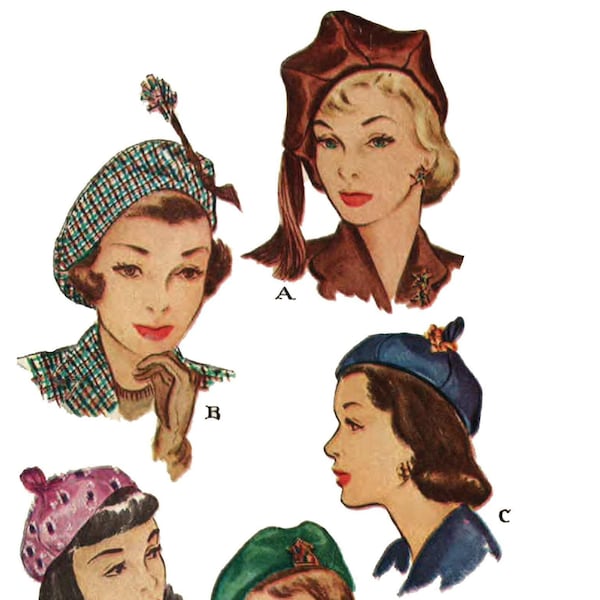 PDF - 1940's Sewing Pattern: Ladies' Elegant Berets, Hats, Millinery Head 23" (58.4cm) - Instantly Print at Home