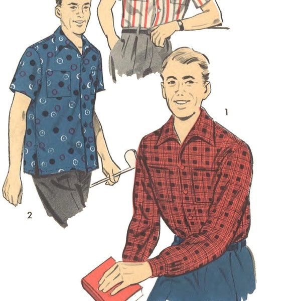 PDF - Vintage 1950's Sewing Pattern Men's Sports Shirt - Chest 38" (97cm) to 40" (102cm) - Instantly Print at Home