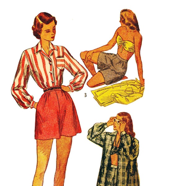 PDF - Vintage 1940s Three-piece Playsuit including Shirt, Bra & Shorts - Bust: 30” (76.2cm) - Download