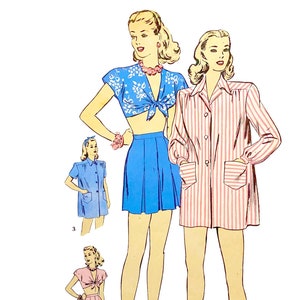 PDF - Vintage 1950s Pattern – Midriff Tie Top, Shorts & Coat, Convertible Collar - Bust 30” (76.2cm) - Download