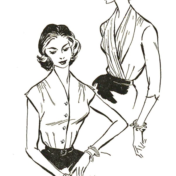 PDF - Vintage 1950's Sewing Pattern: Women's Blouse Tops with Stole - Bust 38" (97cm) - Download