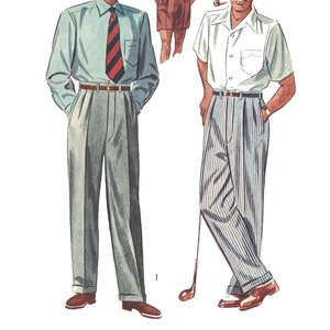 May include: Two men wearing different outfits. The man on the left is wearing a light blue button-down shirt with a red and black striped tie, gray pants, and brown shoes. The man on the right is wearing a white button-down shirt with short sleeves, gray and white striped pants, and brown shoes. He is holding a golf club. The number "1" is written below the man on the left and the number "2" is written above the man on the right.