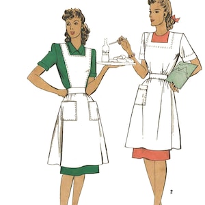 Op de afbeelding: Twee vrouwen dragen witte schorten met groene en rode accenten. De vrouw links houdt een dienblad vast met een fles en eten. De vrouw rechts houdt een boek vast. De afbeelding is een vintage illustratie.