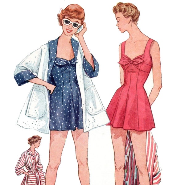 PDF - 1950s Sewing Pattern, One-piece Bathing Suit & Beach Coat - Bust: 36” (91cm) - Download
