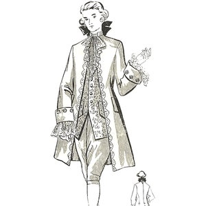 May include: A black and white line drawing of a man wearing a long, ornate coat with lace trim. The man is wearing breeches and has a powdered wig. The drawing is a fashion illustration for a historical costume.