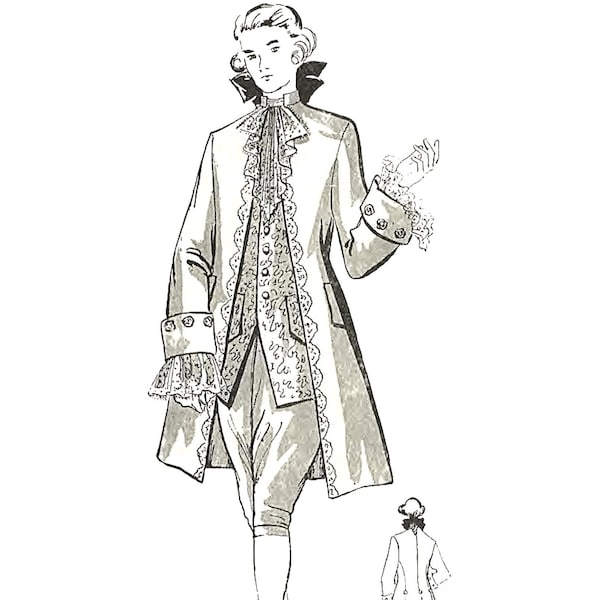 Patron de couture vintage : pantalon d'équitation des années 1700, manteau, jabot pour homme, poitrine de costume 97 cm (38 po.)