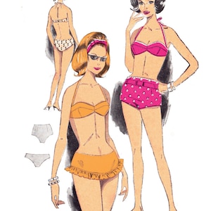 May include: Three illustrations of women wearing different styles of vintage swimsuits. One swimsuit is a pink and white polka dot bikini with a high-waisted bottom. Another swimsuit is a yellow and orange bikini with a ruffled skirt. The third swimsuit is a black and white patterned bikini.
