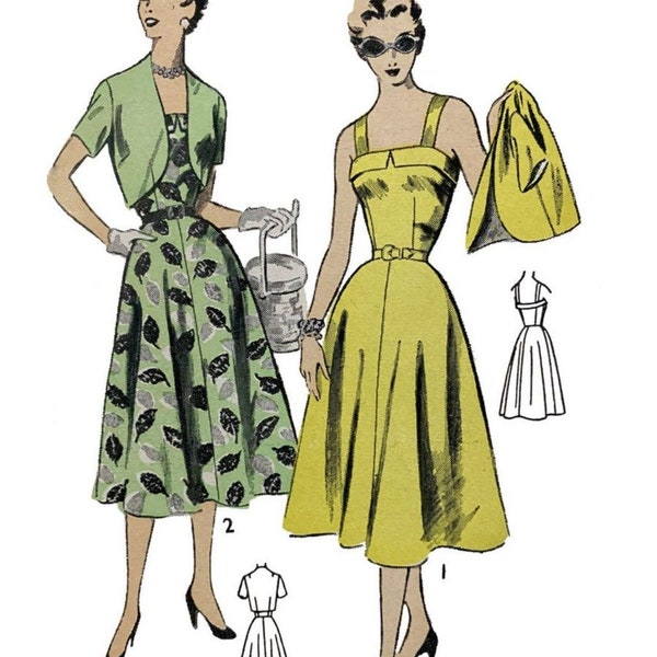 PDF - Patron vintage des années 1950 - Robe soleil, corsage à revers, veste boléro - Buste : 106,7 cm (42 po.) - Télécharger