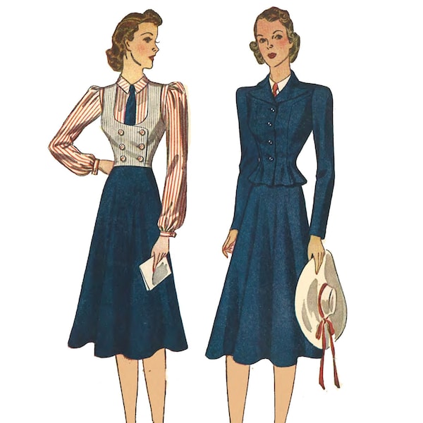 PDF - Vintage 1930's Vintage Sewing Pattern: WWII Women's Suit - Bust 30" (76.2cm) - Download