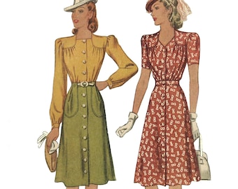 PDF - Vintage 1940's Sewing Pattern: Two Piece Dress - Blouse & Skirt - 33" - 43.5" (84cm - 110.5cm)  - Instantly Print at Home