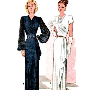 PDF -  Vintage 1940s Sewing Pattern, Wrap & Draped Evening Dress - Bust: 36” (91.5cm) -Download
