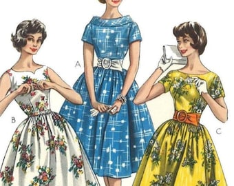 PDF - 1950's Vintage Sewing Pattern: Pretty Dress with Full Skirt. Rockabilly Dress- Bust 34”/86.4cm - Instantly Print at Home