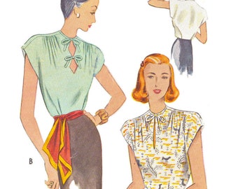 PDF - Vintage 1940s Sewing Pattern, Keyhole Blouse - Bust: 36” (91.5cm) - Download