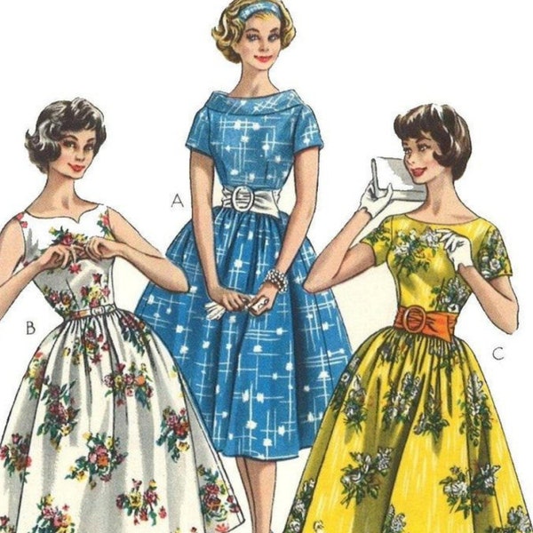 PDF - 1950's Vintage Sewing Pattern: Pretty Dress with Full Skirt. Rockabilly Dress- Bust 34”/86.4cm - Instantly Print at Home