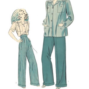 Peut inclure: Deux femmes portant des vêtements de style vintage. La femme de gauche porte une chemise blanche à manches courtes et un pantalon rayé bleu. La femme de droite porte une chemise bleu clair à manches longues et un pantalon bleu. Les deux femmes portent leurs cheveux dans un style populaire dans les années 1940.