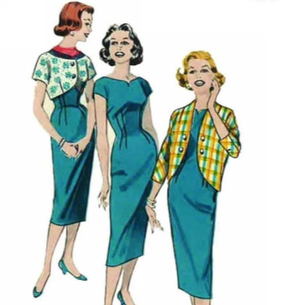 PDF - Vintage 1950's Sewing Pattern:  Sheath Dress & Bolero Jacket - Bust 34" (86.4cm) - Instantly Print at Home