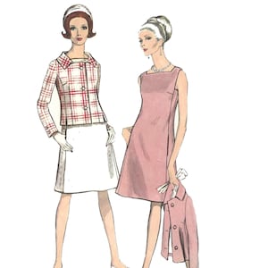 May include: Two fashion illustrations of women. The woman on the left is wearing a white skirt, a red and white checked jacket, and a white headband. The woman on the right is wearing a pink dress and a pink jacket.