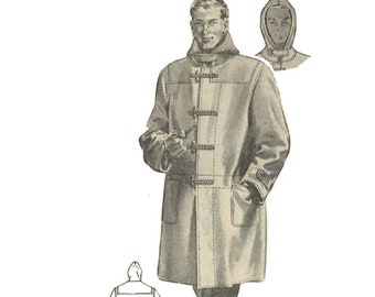 PDF - 1950's Sewing Pattern: Men's Duffle Coat with Hood - Chest 38”/ 97cm - Instantly Print at Home