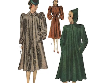 Könnte beinhalten: Zwei Vintage-Illustrationen von Frauen, die verschiedene Arten von Mänteln tragen. Die erste Frau trägt einen hellbraunen Mantel mit Puffärmeln und einen Hut. Die zweite Frau trägt einen grünen Mantel mit Kapuze. Beide Frauen tragen Kleider und Schuhe.