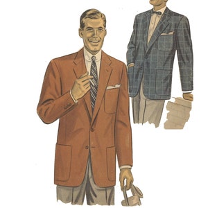 May include: Two men wearing blazers. The man on the left is wearing a rust-coloured blazer with a pocket on the left side. The man on the right is wearing a blue plaid blazer with a pocket on the left side.