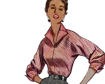 Vintage 1950s Pattern –  Rockabilly, Winged Collar Blouse - Bust: 36” (91.4cm)