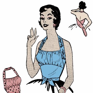 May include: A vintage illustration of a halter top with a blue bodice and a black skirt. The top has a gathered neckline and a tie at the waist. The illustration shows the top from the front and back.