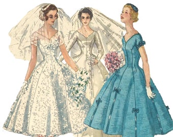Vintage 1950's Sewing Pattern: Elegant Grace Kelly Wedding Gown, Veil & Head-Piece - Multi Sizes