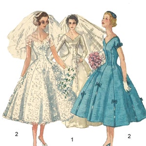 Puede incluir: Tres ilustraciones vintage de mujeres con vestidos de novia. La mujer de la izquierda lleva un vestido blanco de encaje con velo. La mujer del centro lleva un vestido blanco de satén con velo. La mujer de la derecha lleva un vestido azul con un lazo.