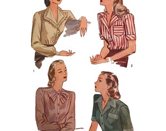 PDF - Vintage 1940s Pattern – Women’s Blouses - Various Styles - Bust: 42” (106.7cm) - Download