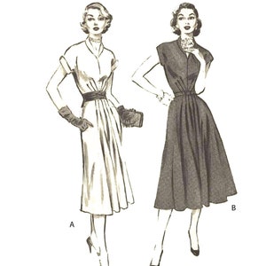 May include: A vintage illustration of two women wearing dresses. The woman on the left is wearing a white dress with short sleeves and a belt. The woman on the right is wearing a sleeveless black dress. Both dresses have a fitted bodice and a full skirt. The illustration is labeled "A" and "B" at the bottom.