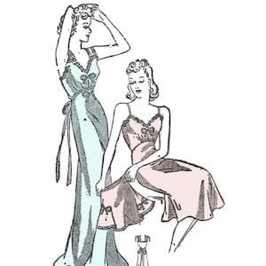 Puede incluir: Una ilustración vintage de dos mujeres vistiendo diferentes estilos de camisones. Un vestido es un vestido largo y fluido con un borde de encaje y un lazo en la cintura. El otro vestido es más corto y tiene un borde de encaje y un lazo en el escote. Ambos vestidos son de colores pastel.