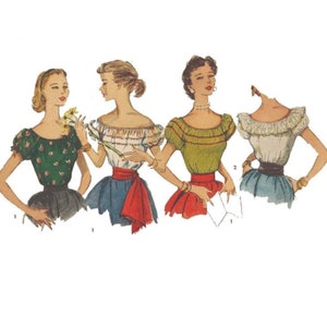 Vintage-Schnittmuster aus den 1950er Jahren, Bauernblusen im Zigeunerstil, schulterfrei im lateinamerikanischen Stil - Brustumfang 71,1 cm (28 Zoll)