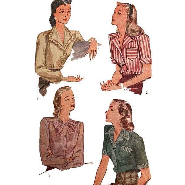 PDF - Vintage 1940s Pattern – Women’s Blouses - Various Styles - Bust: 42” (106.7cm) - Download